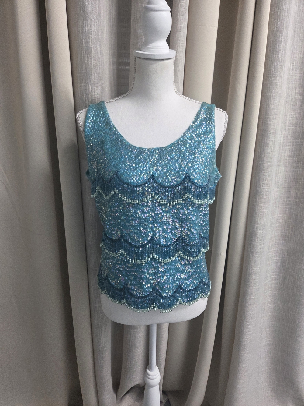 VTG 50s 60s Teal Sequin Cropped Go-Go Top Gatsby 100% Wool Beaded Hong Kong